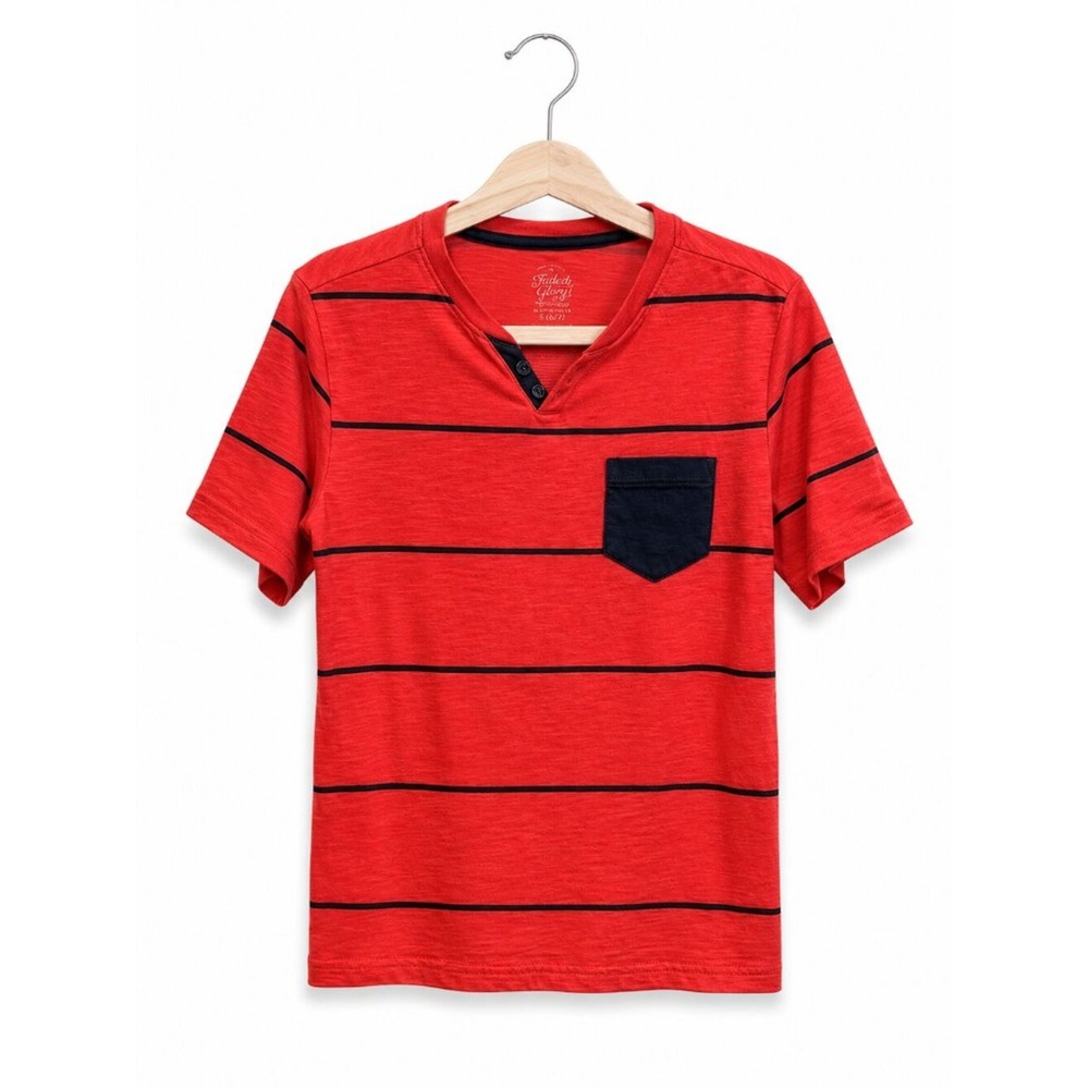 Faded Glory Boys Orange Navy Blue Striped Short Sleeve Henley Shirt Pocket S 6-7